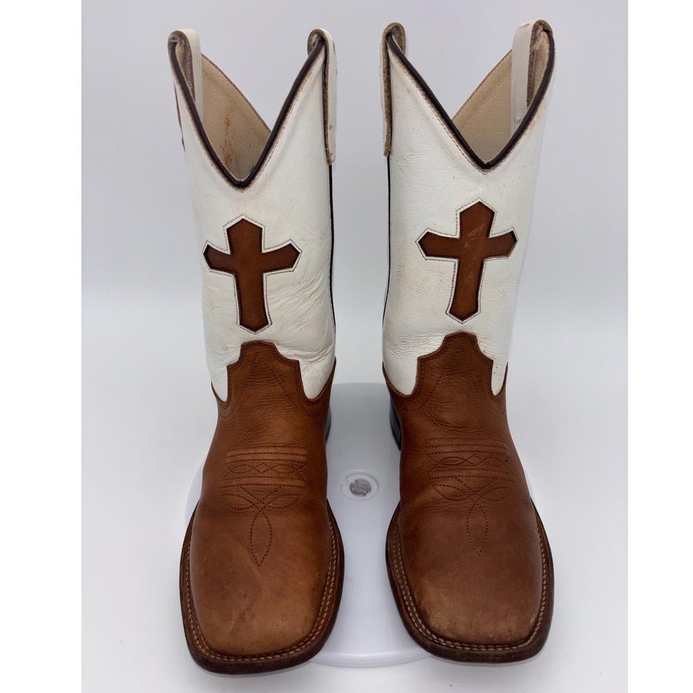 OLD WEST Cross Cowboy Boots Western Shoe Square Toe White Leather Boy Youth 2